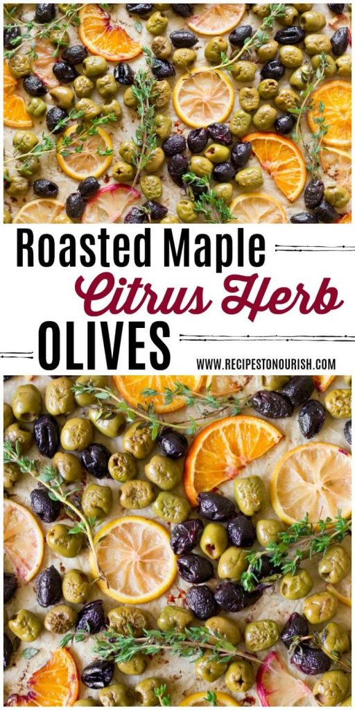 Roasted olives, oranges, lemons and herbs.