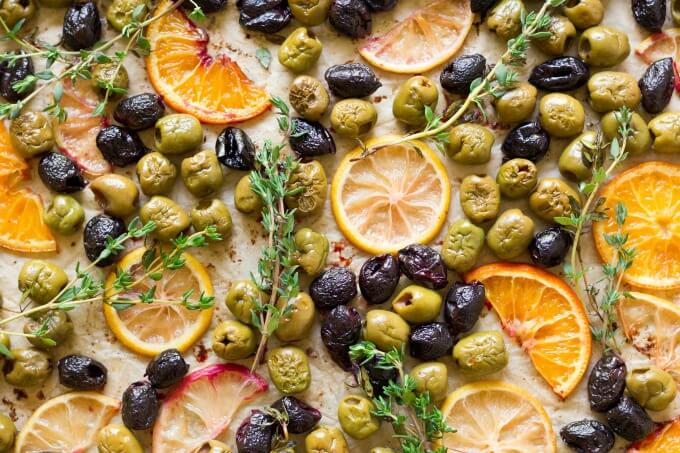 Roasted olives, oranges, lemons and herbs.