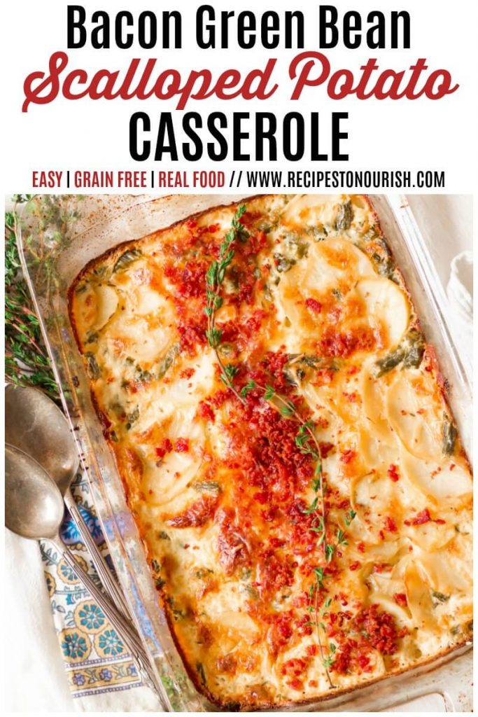 Scalloped potato casserole with bacon and thyme on top.