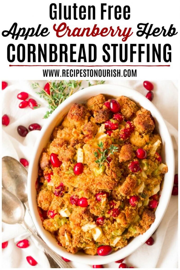 Cornbread stuffing with cranberries in a casserole dish.