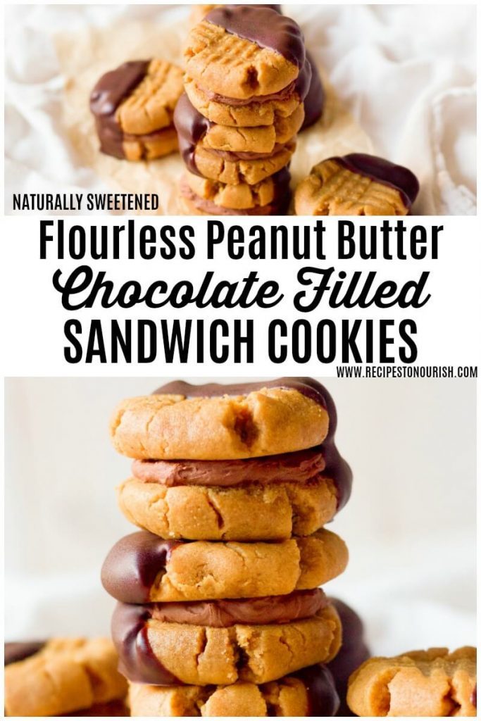 Peanut butter sandwich cookies filled with chocolate cream and half dipped in chocolate.