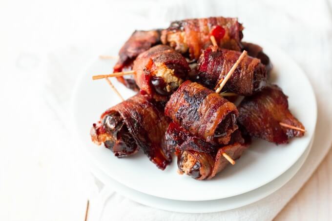 Bacon wrapped stuffed dates.