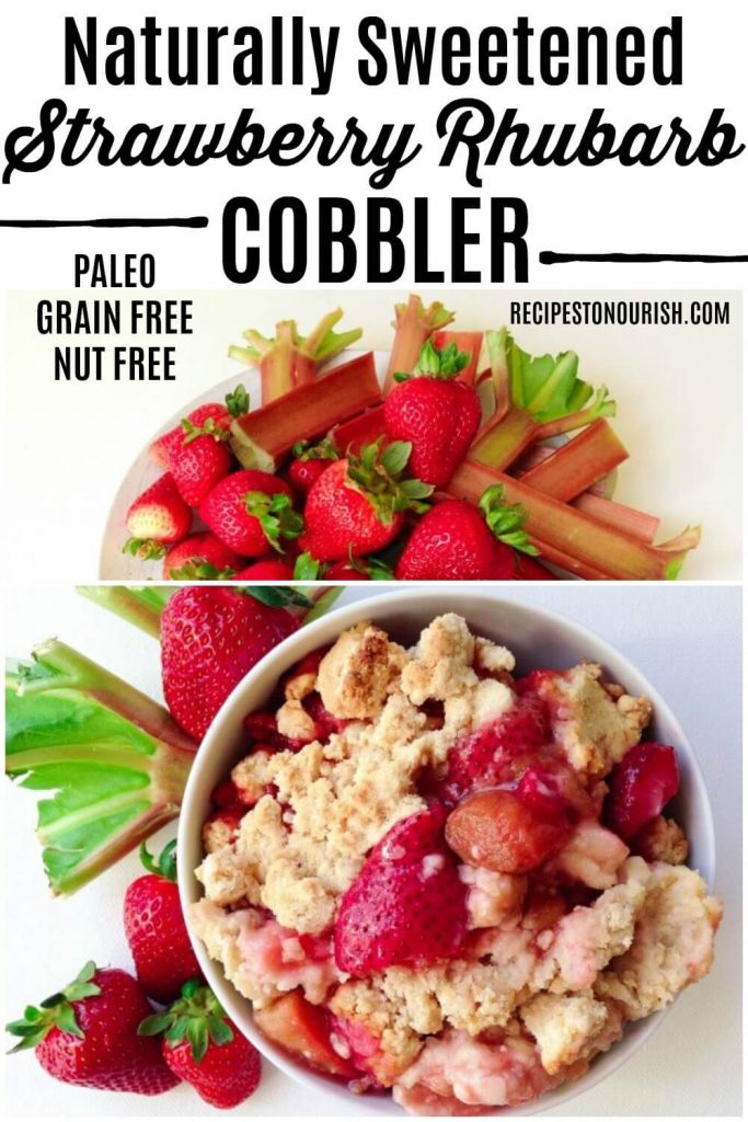 Strawberry rhubarb cobbler in a bowl and fresh strawberries and rhubarb.