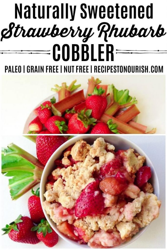 Strawberry rhubarb cobbler in a bowl and fresh strawberries and rhubarb.