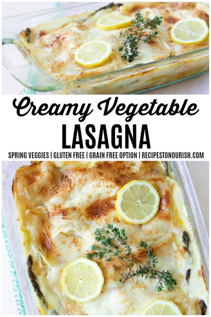 White lasagna with fresh thyme, asparagus and lemon slices.