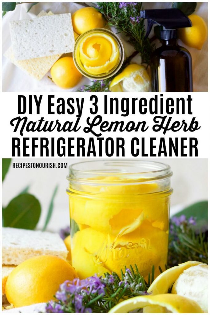 Lemon peels in a mason jar with fresh herbs and a cleaning spray bottle.