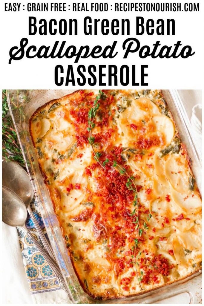 Cheesy scalloped potato casserole with bacon crumbles and fresh herbs.