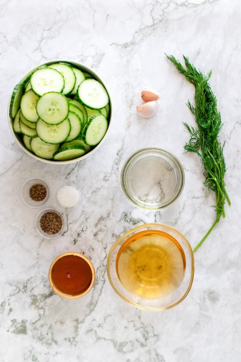 Overhead shot of a bowl filled with sliced cucumbers, fresh garlic cloves, fresh dill sprigs, a small bowl of apple cider vinegar, a small glass jar of water, small bowl of honey, two small bowls of spices and one small bowl of salt.