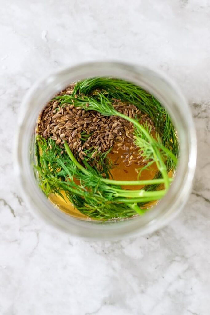 Overhead shot of a mason jar filled with fresh dill sprigs, dill seeds, fennel seeds and apple cider vinegar.