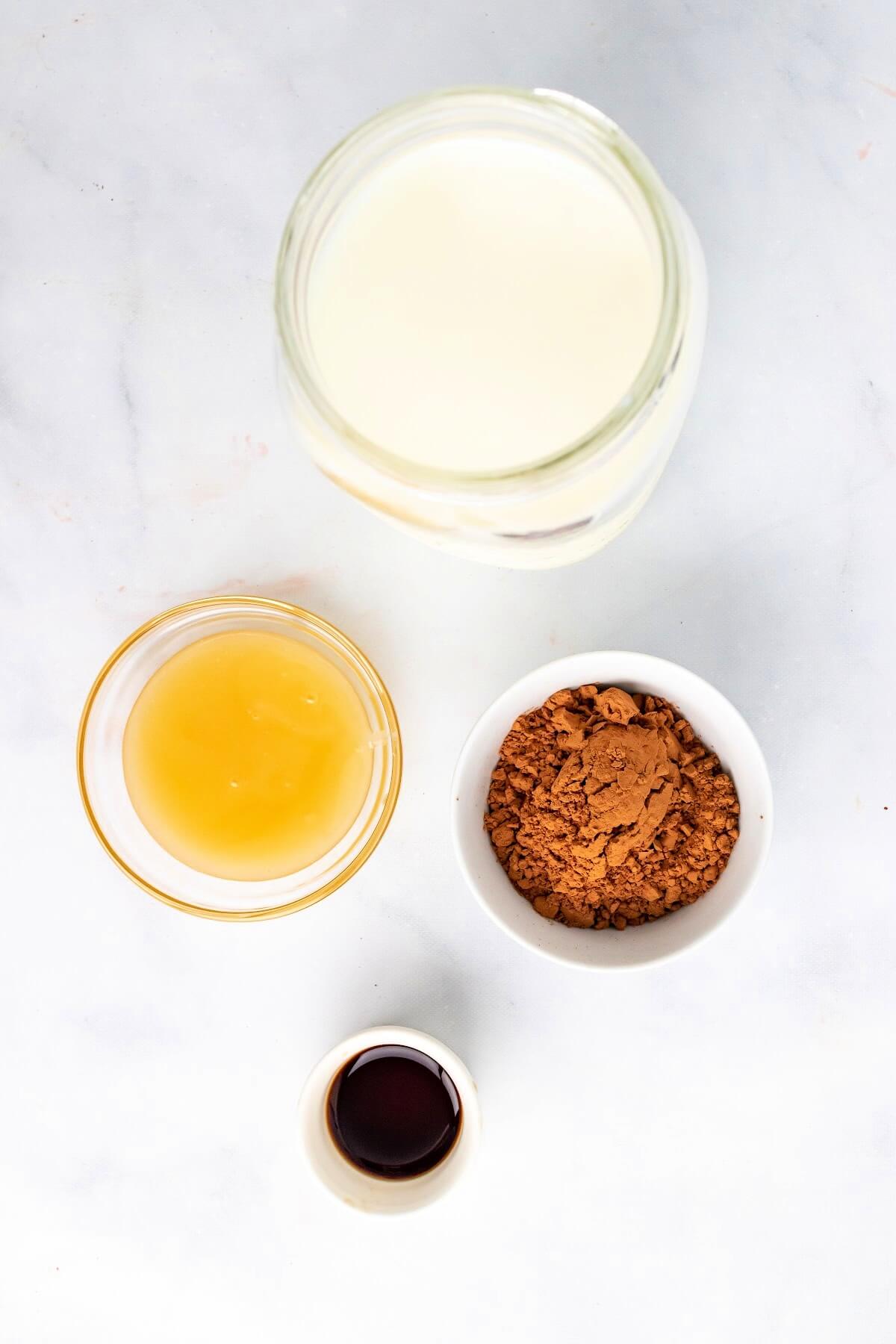 Overhead view of a glass jar filled with milk, small glass bowl filled with honey, small bowl filled with cocoa powder and a mini bowl filled with vanilla extract.