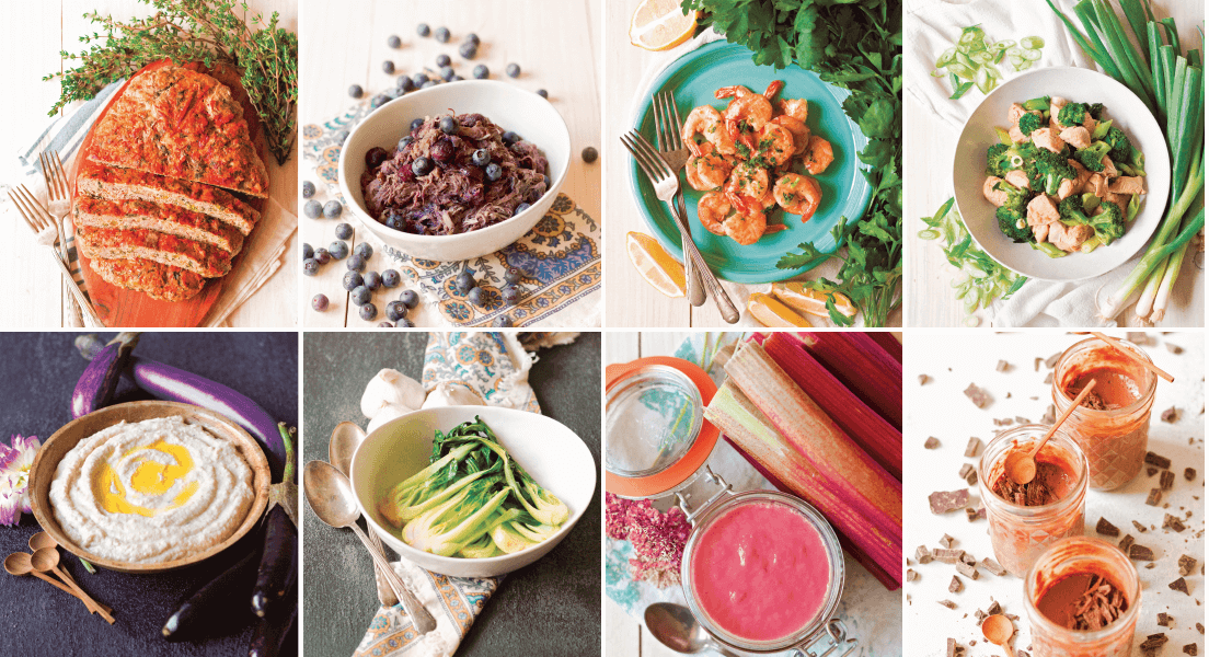 8 photos from Low-Carb Cooking with Your Instant Pot, one of meatloaf, one of pulled meat with blueberries, one of lemon parsley shrimp, one of chicken broccoli, one of baba ghanoush, one of cooked bok choy, one of rhubarb compote and one of chocolate puddings in mason jars.