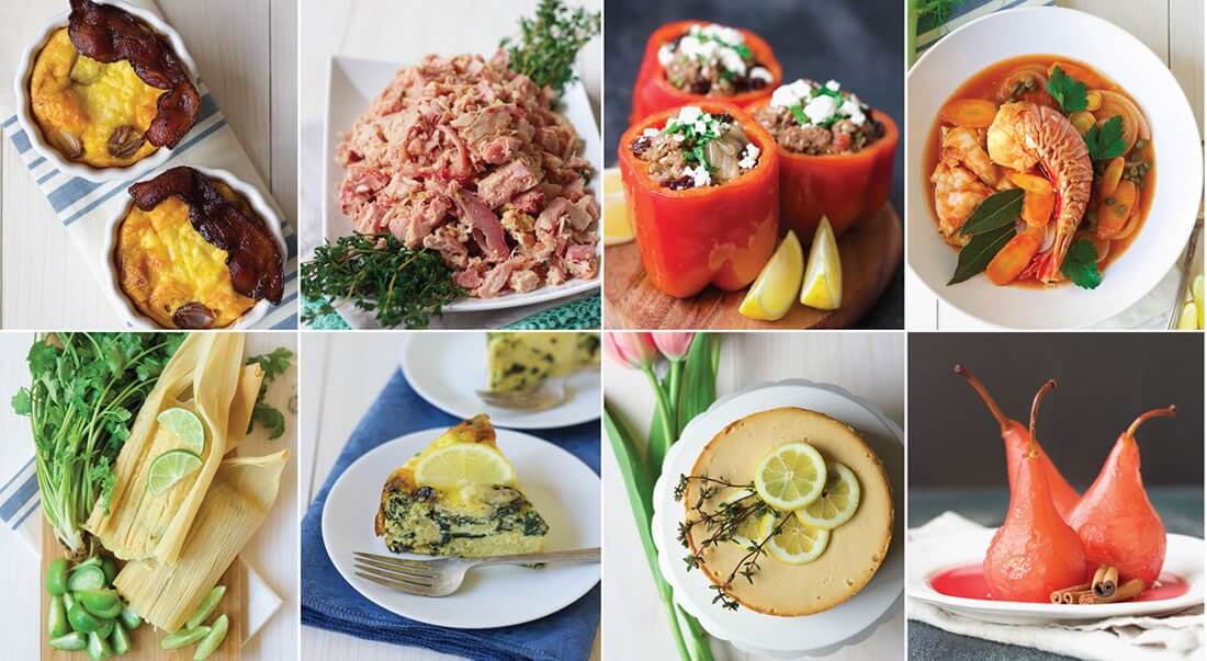 8 photos from The Art of Great Cooking with Your Instant Pot - bacon cheese frittatas, shredded pork, stuffed peppers, lobster and seafood Bouillabaisse, tamales, kale quiche, lemon thyme cheesecake and poached pears.