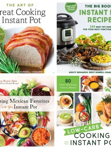 Book covers of 4 Instant Pot cookbooks: The Art of Great Cooking with Your Instant Pot, Amazing Mexican Favorites with Your Instant Pot, Low-Carb Cooking with Your Instant Pot and The Big Book of Instant Pot Recipes.