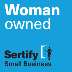 Blue background with a graphic that shows a door being opened, with white light shining through the open door, and a graphic of a person figure in all black with text that says Woman Owned Sertify Small Business.