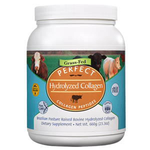 Bottle of Perfect Supplements hydrolyzed collagen supplement.