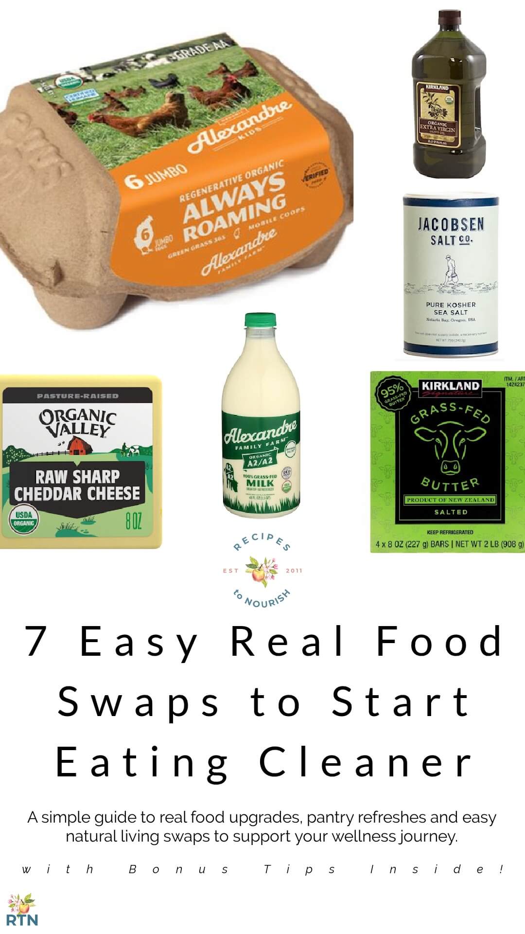 7 Easy Real Food Swaps cover image featuring organic eggs, raw cheddar cheese, A2/A2 milk, grass-fed butter, olive oil and sea salt with clean eating guide title.